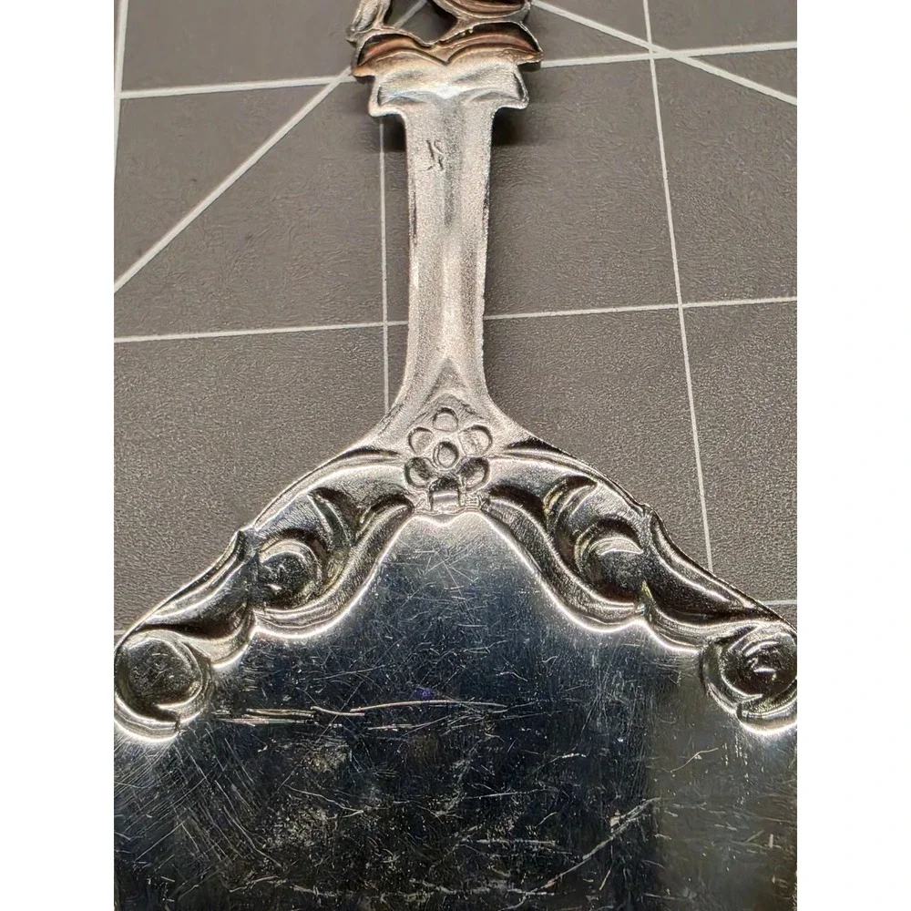 Vintage Silver Tone Cake Pie Server Ornate Openwork Scroll Floral Handle 9.5in